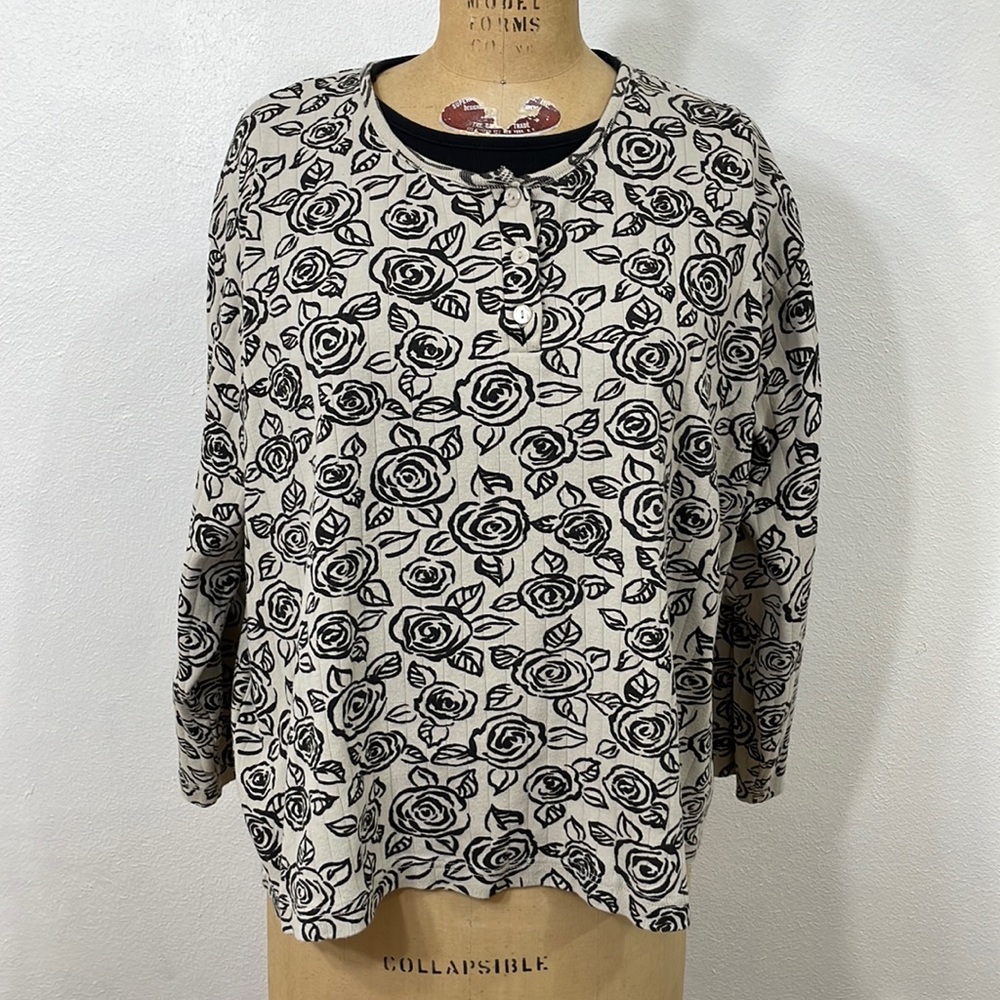 Proudly Plus jersey knit beige and and black floral print, black collar contrast